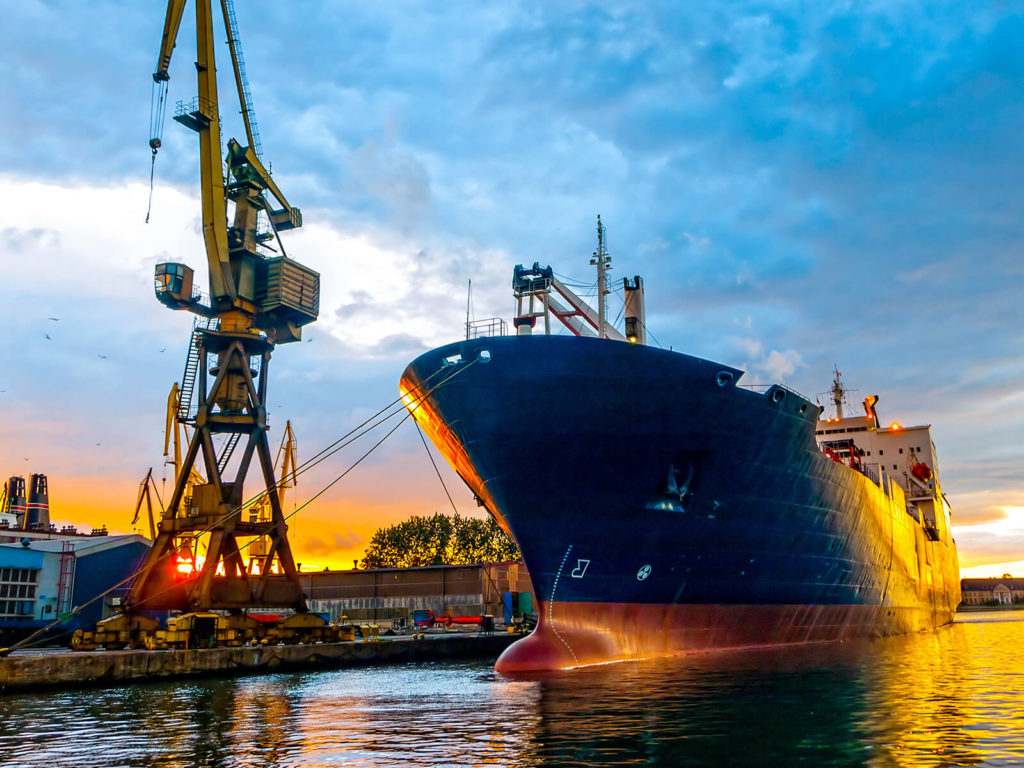 Freight ship parked at loading docks